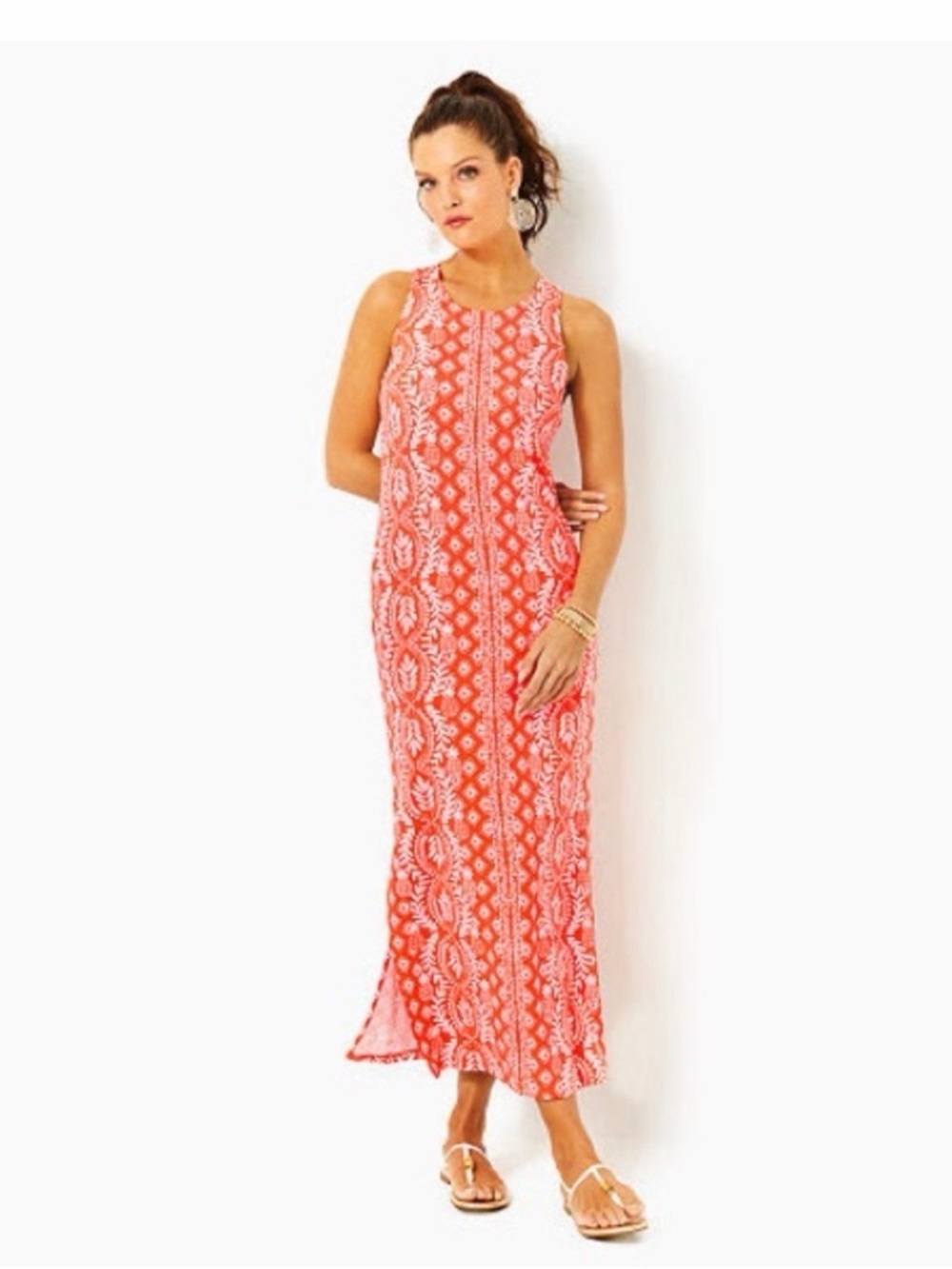 Lilly Pulitzer Ulla Sleeveless Coral and White Printed Maxi Dress, Size XL